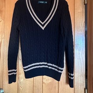 Lauren Ralph Lauren Black V-Neck Sweater with Cream Stripes